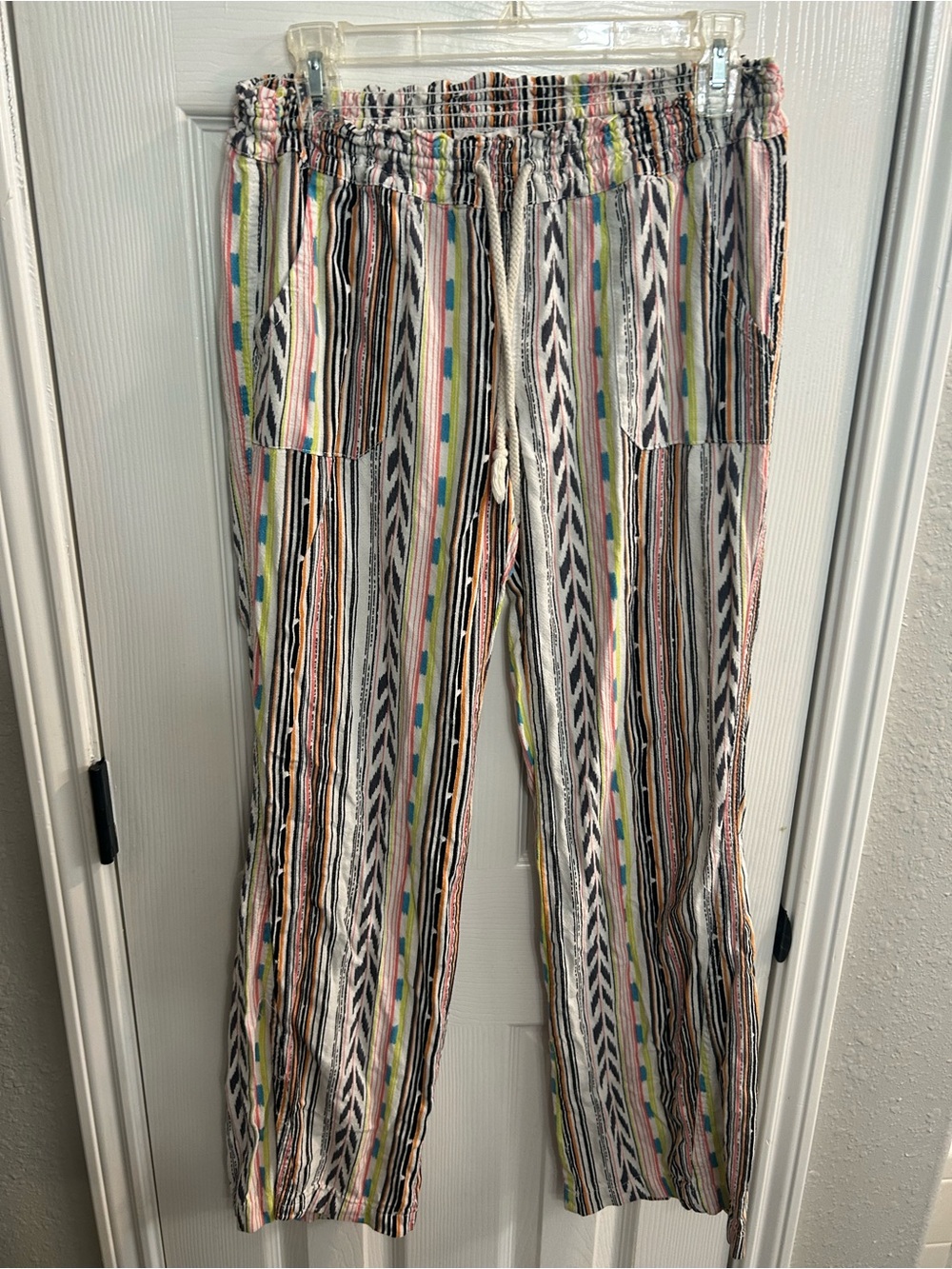 Cali 1850 Linen Pants Women's Medium Multi-stripe Casual Pockets Lounge Beach